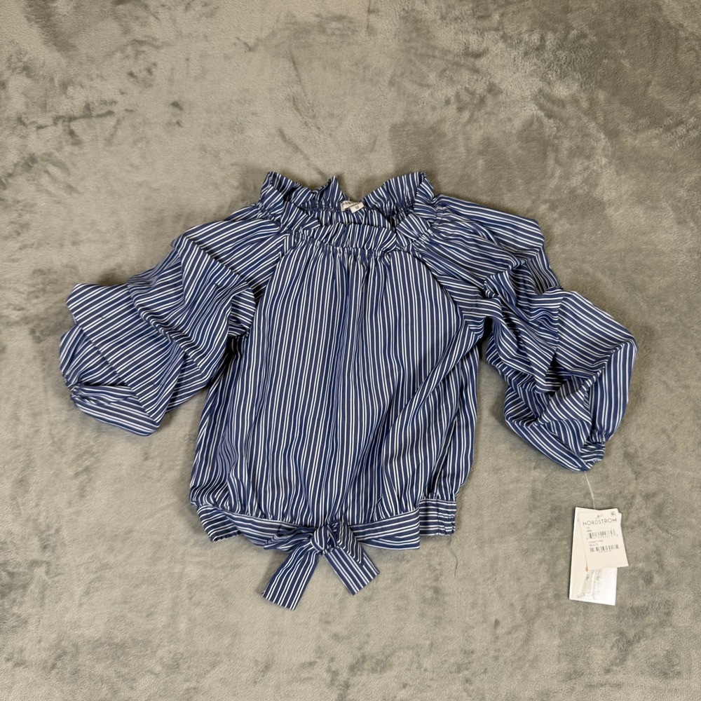 NWT Habitual Girl Navy White Striped Ruffle Sleeve Tie Front Blouse Size 12 NWT